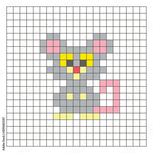 A flat pixel design made of geometric square color blocks on a clean grid layout. Pixel art mouse