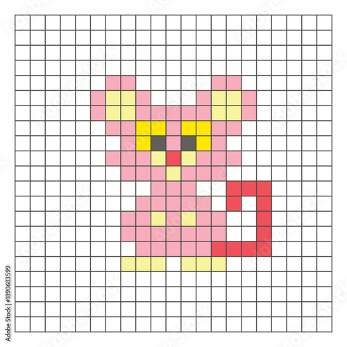 A flat pixel design made of geometric square color blocks on a clean grid layout. Pixel art mouse