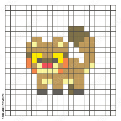 A flat pixel design made of geometric square color blocks on a clean grid layout. Pixel art red panda