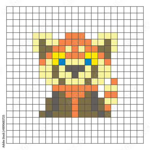 A flat pixel design made of geometric square color blocks on a clean grid layout. Pixel art red panda