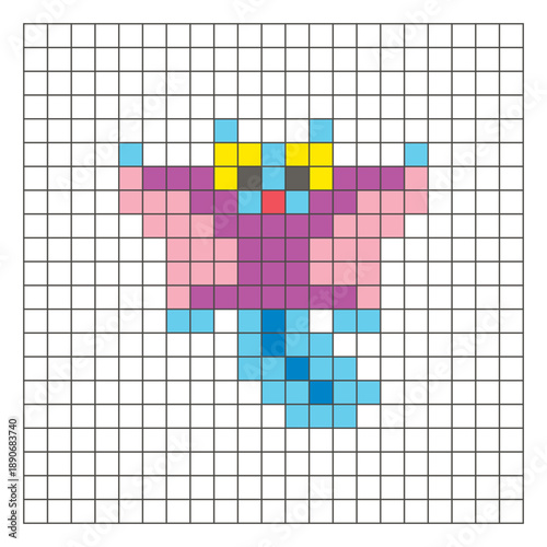 A flat pixel design made of geometric square color blocks on a clean grid layout. Pixel art sugar glider