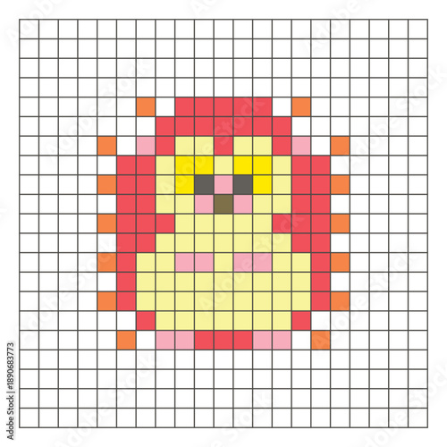A flat pixel design made of geometric square color blocks on a clean grid layout. Pixel art porcupine