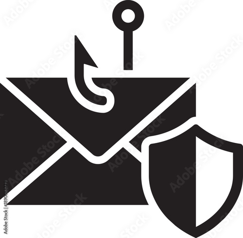 Phishing Email Protection Icon in Black and White, Secure Mail and Cyber Shield Symbol for Spam Detection, Online Security and Digital Communication Safety