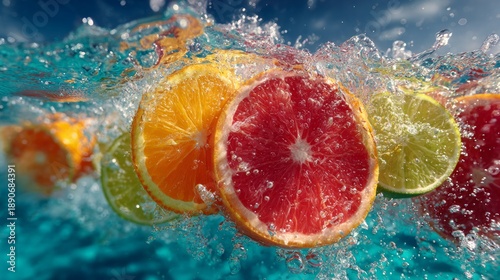 Vibrant Citrus Fruits Splashing in Crystal Clear Water for Refreshing Imagery