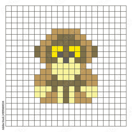 A flat pixel design made of geometric square color blocks on a clean grid layout. Pixel art orangutan