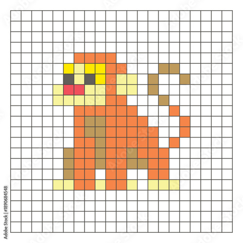 A flat pixel design made of geometric square color blocks on a clean grid layout. Pixel art monkey