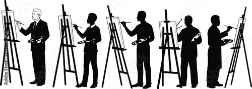 Artists painting on easels silhouette set in black and white flat vector style, creative people illustration collection for art education, workshops, galleries, and design concepts