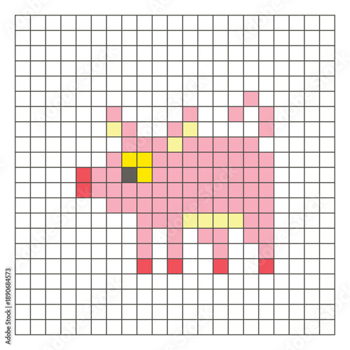 A flat pixel design made of geometric square color blocks on a clean grid layout. Pixel art pig