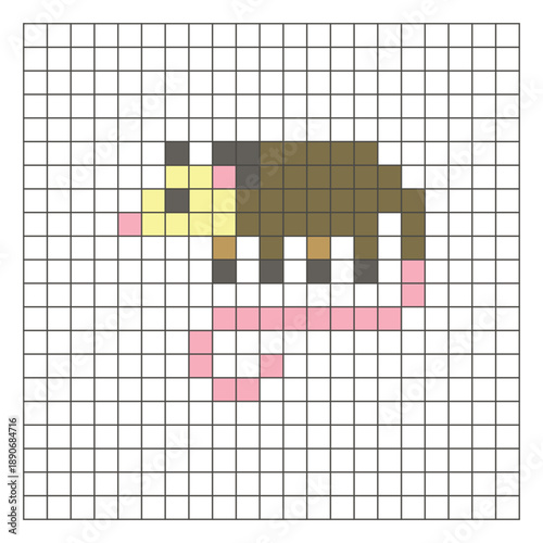 A flat pixel design made of geometric square color blocks on a clean grid layout. Pixel art possum