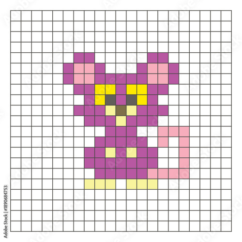 A flat pixel design made of geometric square color blocks on a clean grid layout. Pixel art mouse