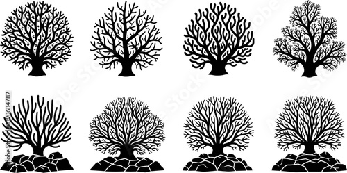 Black silhouette tree collection with detailed branching roots and rocks, decorative vector set ideal for nature themes, logo design, seasonal concepts, fantasy art, and environmental projects