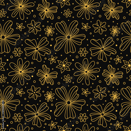 Floral vector pattern doodles seamless background. Hand drawn flowers, line botanical elements. Decorative plants repeat illustration. Black and gold pattern.
