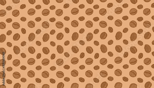Walnut Pattern Illustration. Hand Drawn Brown Nuts. Seamless Background