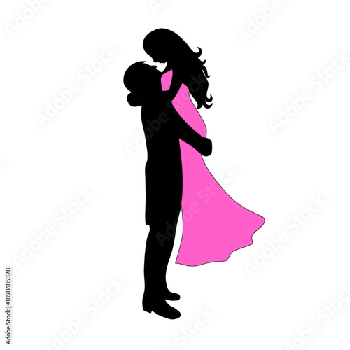Vector illustration of a bride and groom in black-and-pink silhouette.