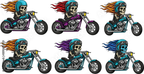 Colorful skull biker illustration set featuring skeleton riders on custom chopper motorcycles isolated on white background for tattoo design graphic art concept