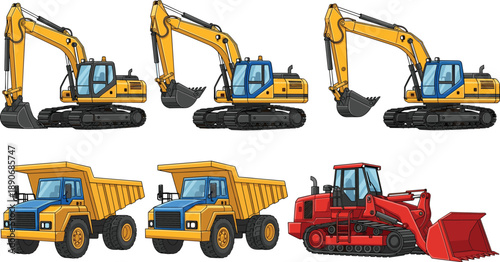 Construction machinery collection featuring excavators dump trucks and crawler loader in detailed isometric style isolated on white background for industrial engineering illustration concept