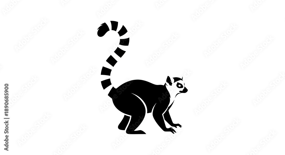 Fototapeta premium Ring tailed lemur black silhouette vector icon isolated on white.