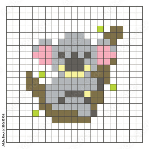 A flat pixel design made of geometric square color blocks on a clean grid layout. Pixel art koala