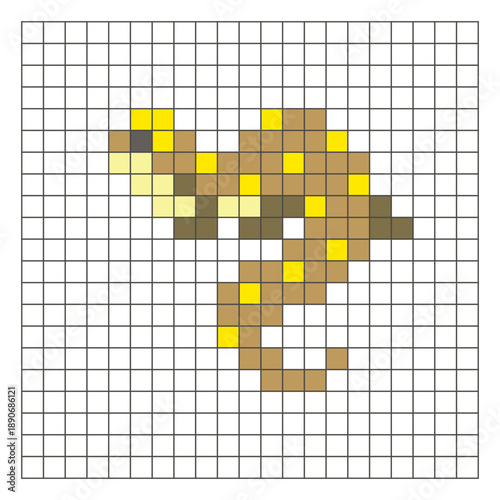A flat pixel design made of geometric square color blocks on a clean grid layout. Pixel art lizard