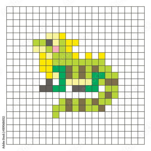 A flat pixel design made of geometric square color blocks on a clean grid layout. Pixel art iguana