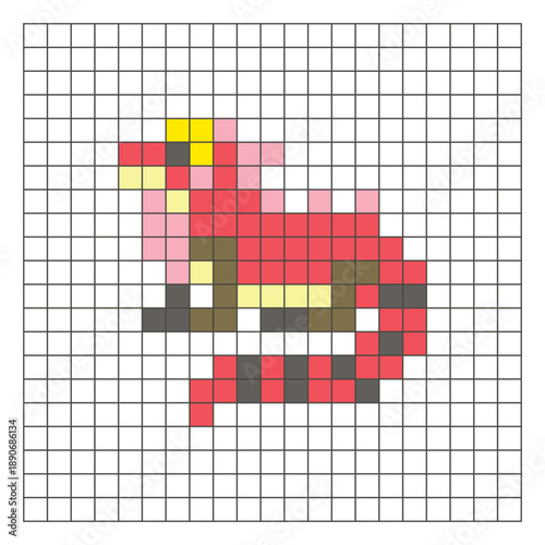 A flat pixel design made of geometric square color blocks on a clean grid layout. Pixel art iguana