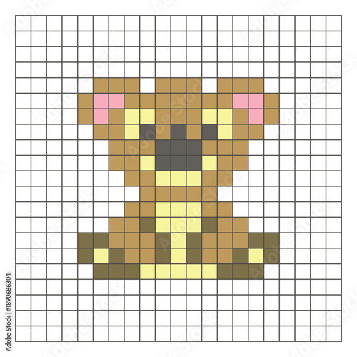 A flat pixel design made of geometric square color blocks on a clean grid layout. Pixel art koala