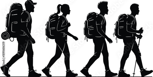 Hikers with backpacks walking silhouette set in black and white flat vector style, outdoor adventure traveler 