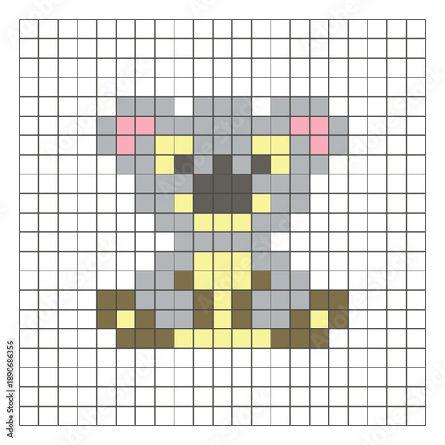 A flat pixel design made of geometric square color blocks on a clean grid layout. Pixel art koala