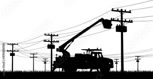 Electric utility maintenance truck silhouette repairing power lines, infrastructure service work scene with poles and cables, black and white vector illustration isolated for energy 