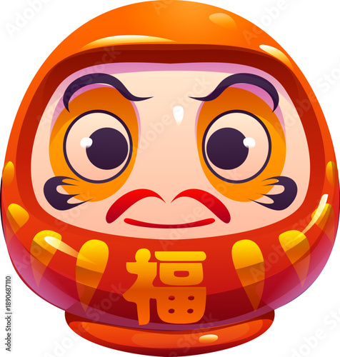Traditional japanese Daruma doll with bold red body, orange accents and wide open eyes. Japanese religion doll character with serious expression face. Cartoon Daruma talisman of fortune or success
