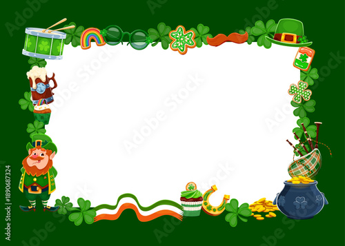 Happy saint Patrick's day holiday frame, greeting card template with joyful cartoon leprechaun, clovers, gold coins, hat, pot, rainbow and Celtic items. Vector border for festive Irish holiday events
