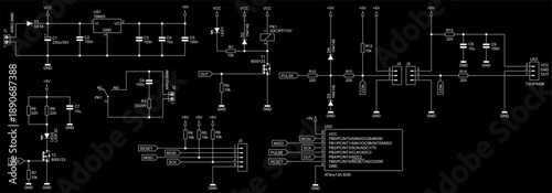 Schematic diagram of electronic device on paper sheet. Vector drawing electrical circuit with microcontroller, connector, voltage converter,
resistor, capacitor, diode, transistor, other components.