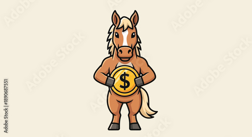 A muscular cartoon horse holds a gold coin with a dollar sign on a plain beige background, conveying a playful financial concept with a mix of whimsy and strength.
