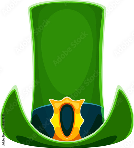 Saint Patricks day Irish leprechaun tall green hat. Saint Patrick celebration tophat, Irish holiday isolated cartoon vector green headwear. Ireland party costume accessory top hat with golden buckle