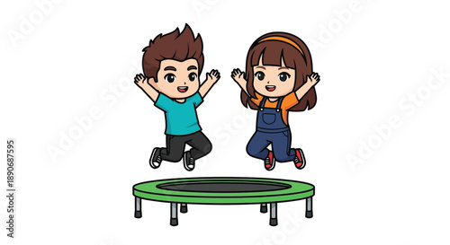 Cartoon illustration of a boy and girl jumping on a green trampoline with joyful expressions against a clean white background.
