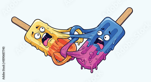 Cartoon illustration of three colorful melting ice cream bars with faces on a light blue background.