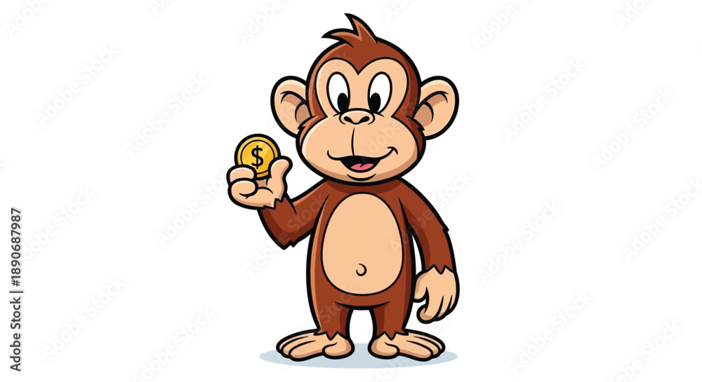 Fototapeta premium A cheerful cartoon monkey holding a coin on a white background with a playful mood.