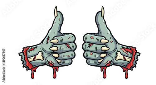 Illustration of two zombie hands giving thumbs up with blood and exposed bones on a white background.