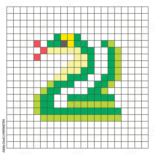 A flat pixel design made of geometric square color blocks on a clean grid layout. Pixel art cobra