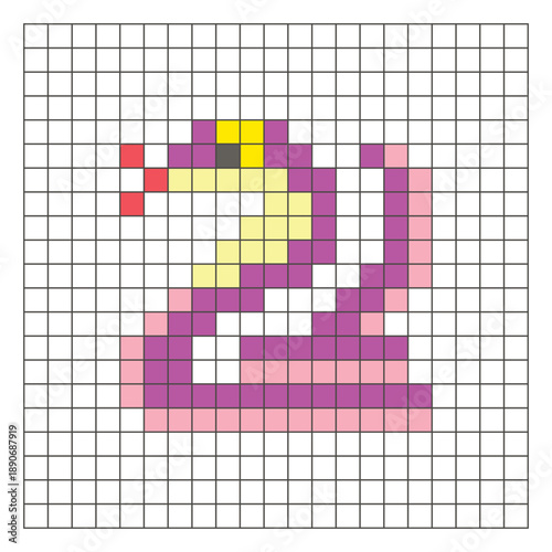 A flat pixel design made of geometric square color blocks on a clean grid layout. Pixel art cobra