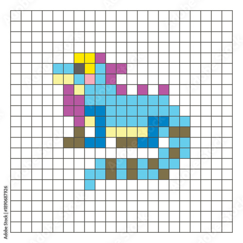 A flat pixel design made of geometric square color blocks on a clean grid layout. Pixel art iguana