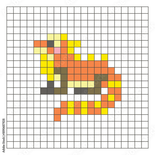 A flat pixel design made of geometric square color blocks on a clean grid layout. Pixel art iguana