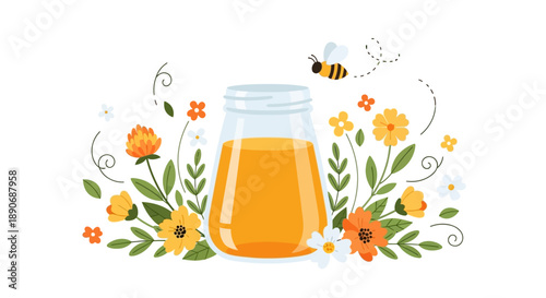 Illustration of a honey jar surrounded by colorful flowers and a bee, with a floral honey design on a white background.