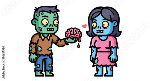 Cartoon illustration of a zombie offering a brain to a female zombie with a heart above their heads on a plain white background with a playful and spooky mood.