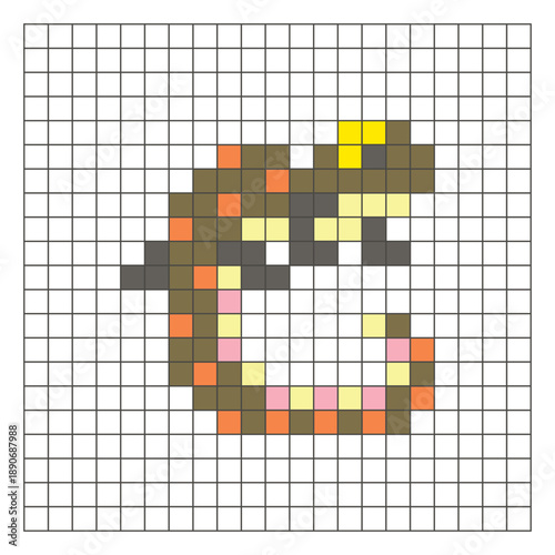 A flat pixel design made of geometric square color blocks on a clean grid layout. Pixel art gecko