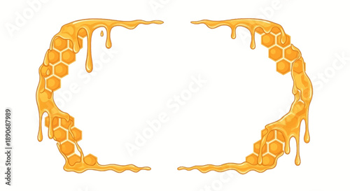 Golden honey drips from a honeycomb frame forming a circular design on a white background with a hexagon pattern.