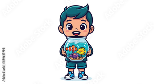 Cartoon boy holding a fishbowl with colorful fish in his hands on a white background with a cheerful mood.