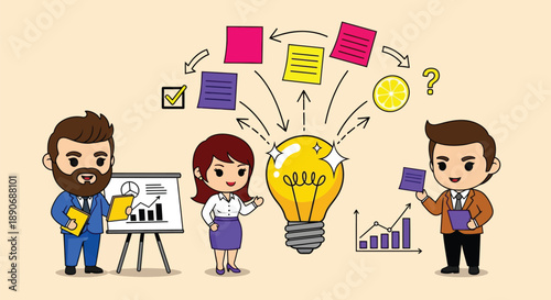 Flat illustration of three business professionals brainstorming with a lightbulb surrounded by ideas and graphs on a beige background.