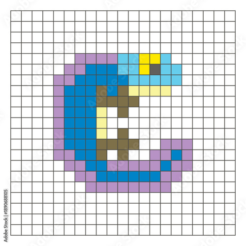 A flat pixel design made of geometric square color blocks on a clean grid layout. Pixel art salamander
