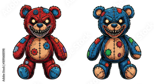 Two colorful cartoon teddy bears with glowing eyes and stitched smiles sitting on a plain white background with a playful and eerie mood.